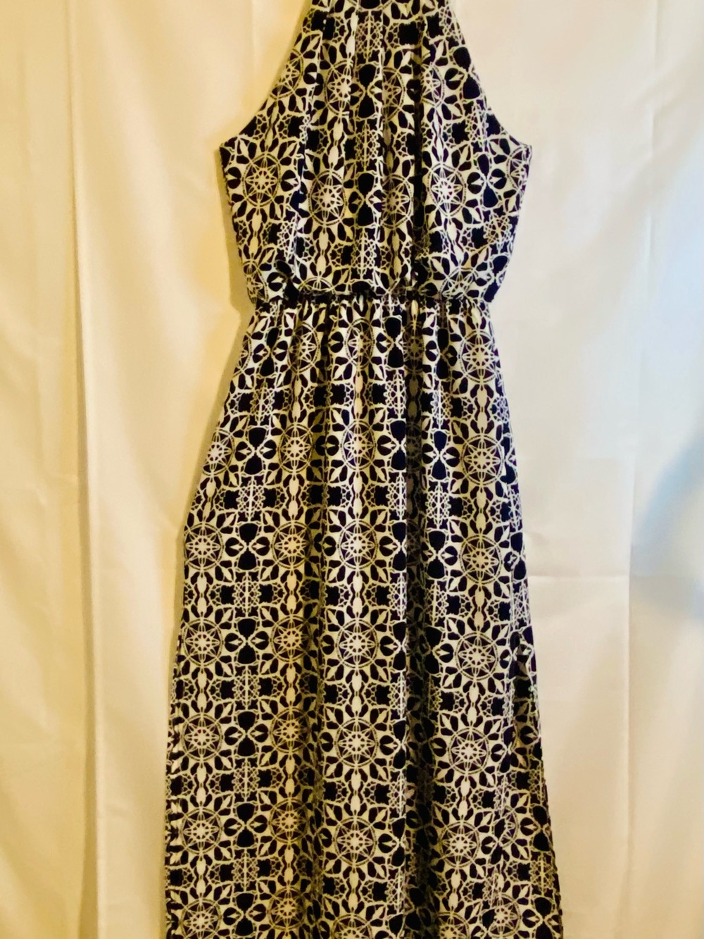 B Darlin Black and White Geometric Halter Maxi Dress